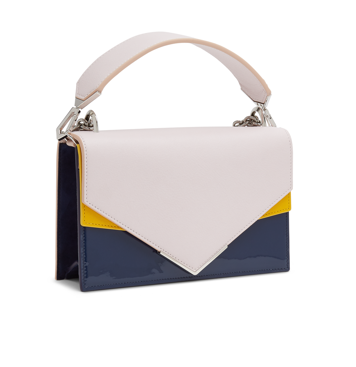 Pink, Navy and Mustard Calf Leather, Patent Leather and Suede with Silver Hardware