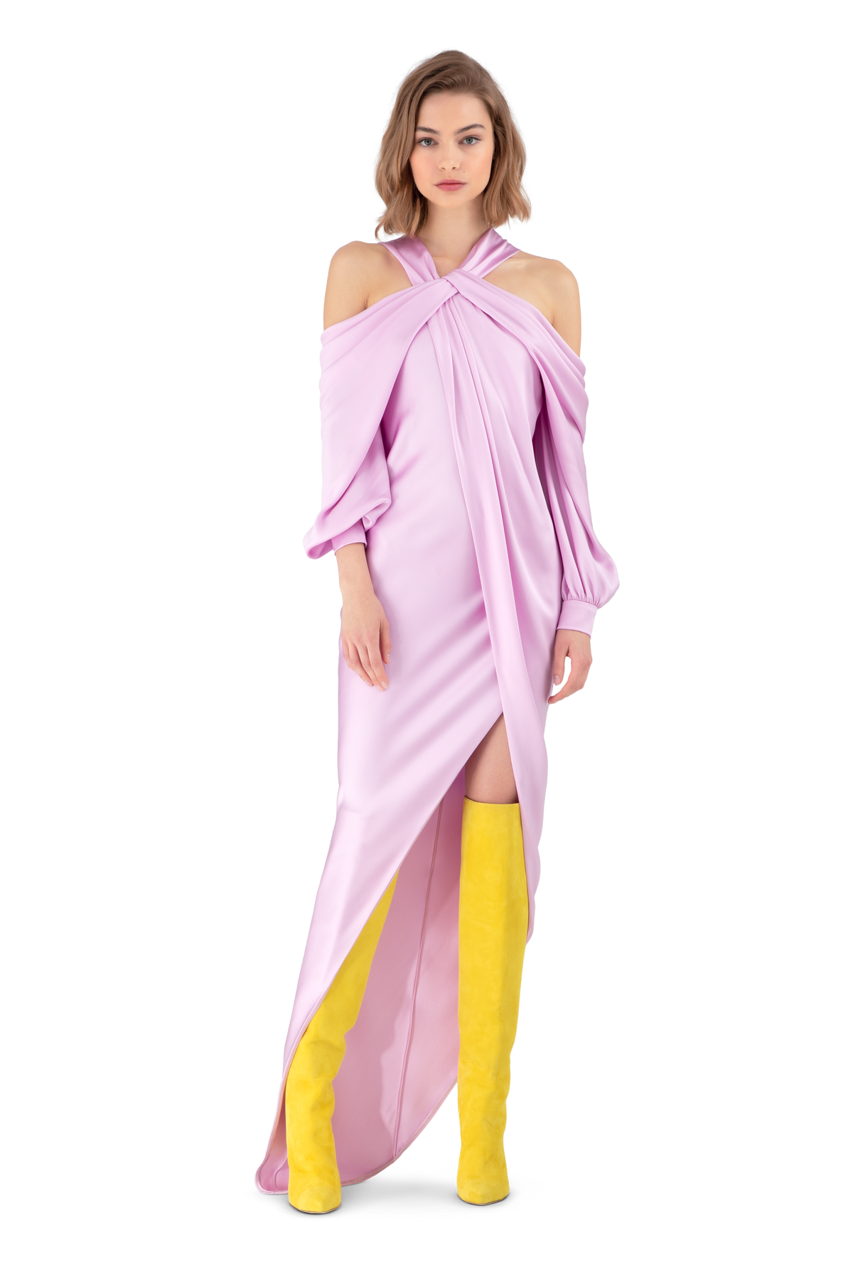 Pink Peony Silk Off the Shoulder Draped Dress