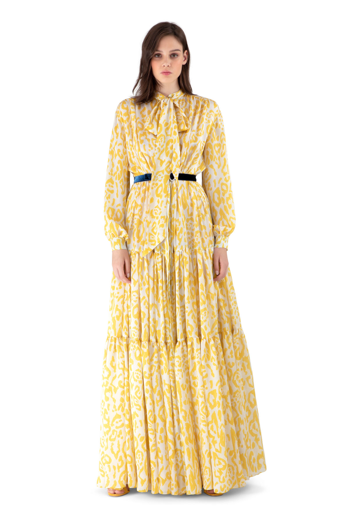 Mustard Leopard Print Charmeuse Tiered Maxi Dress