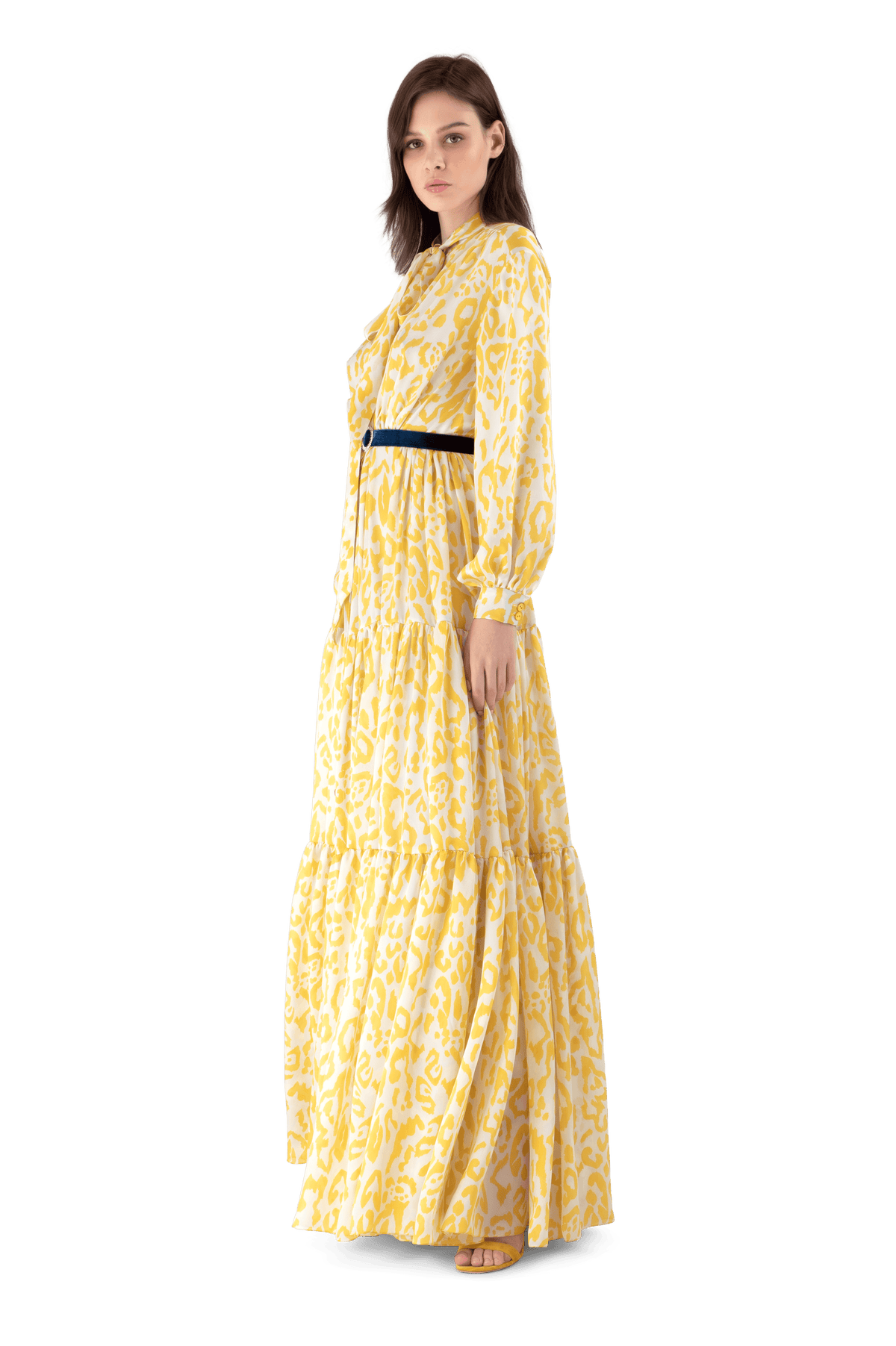 Mustard Leopard Print Charmeuse Tiered Maxi Dress