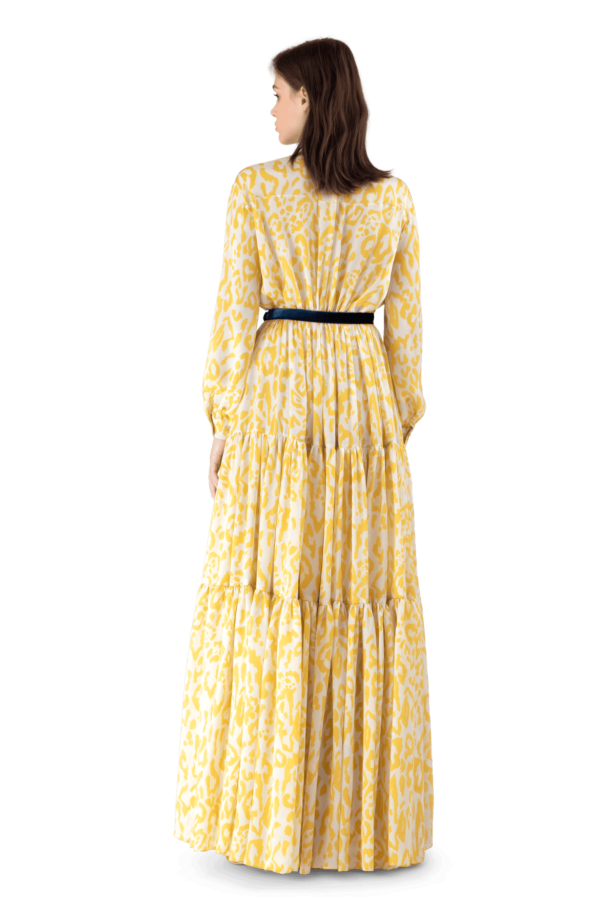 Mustard Leopard Print Charmeuse Tiered Maxi Dress