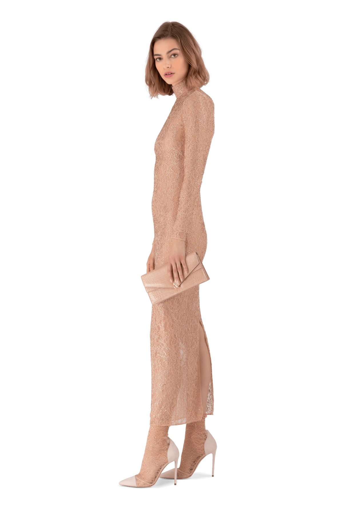 Salmon Pink Lace Feather Embroidered Fitted Midi Dress