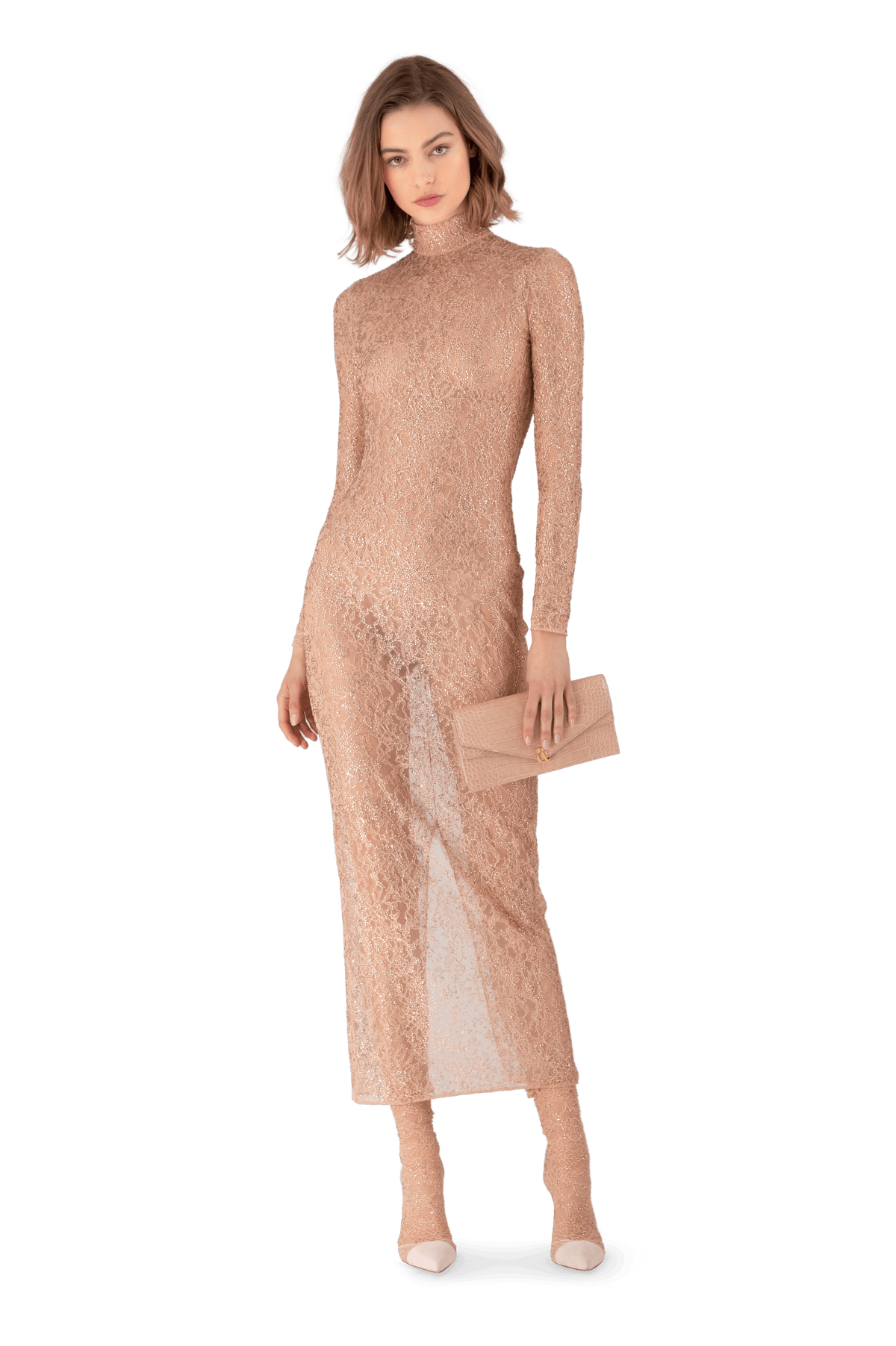 Salmon Pink Lace Feather Embroidered Fitted Midi Dress