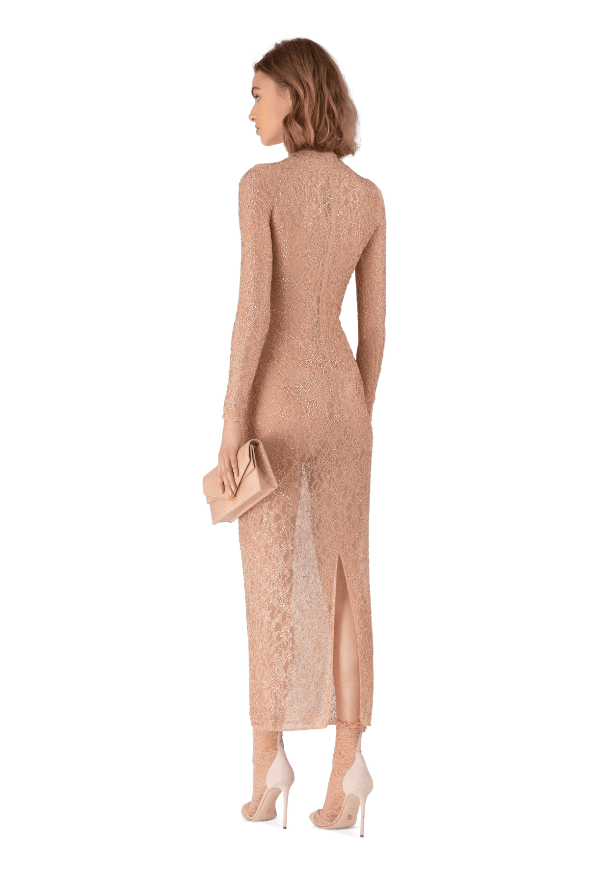 Salmon Pink Lace Feather Embroidered Fitted Midi Dress