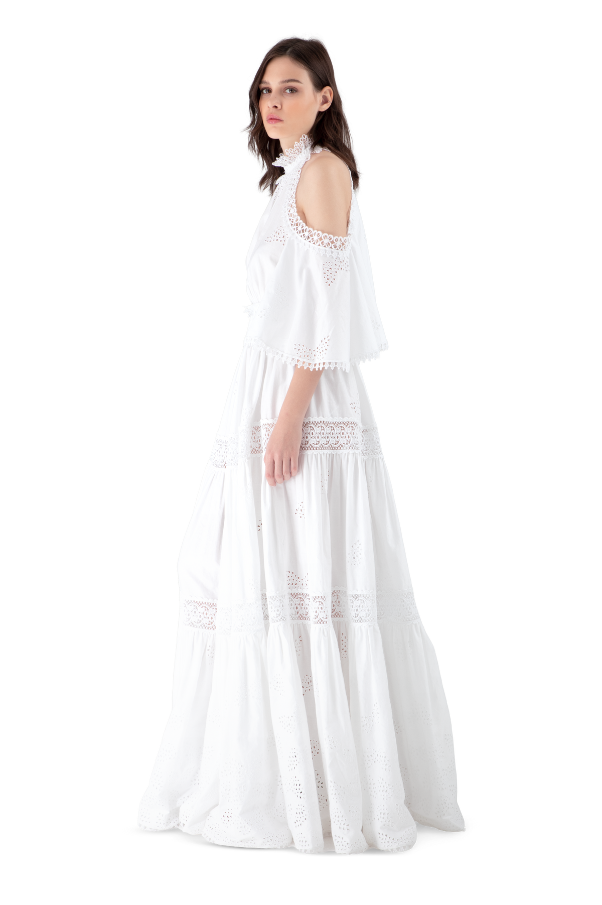 White Broderie Anglaise Lace Off the Shoulder Maxi Dress