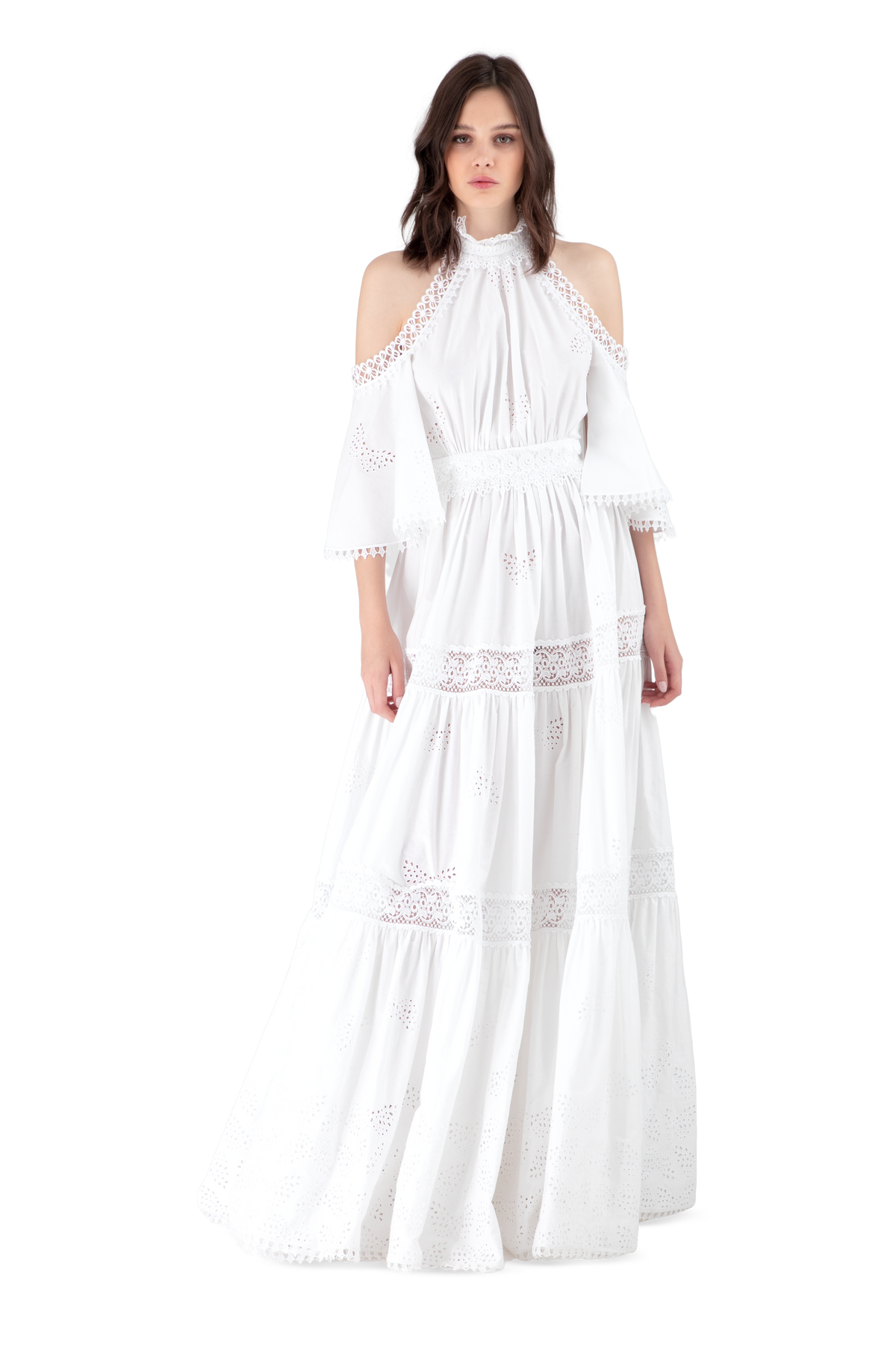 White Broderie Anglaise Lace Off the Shoulder Maxi Dress