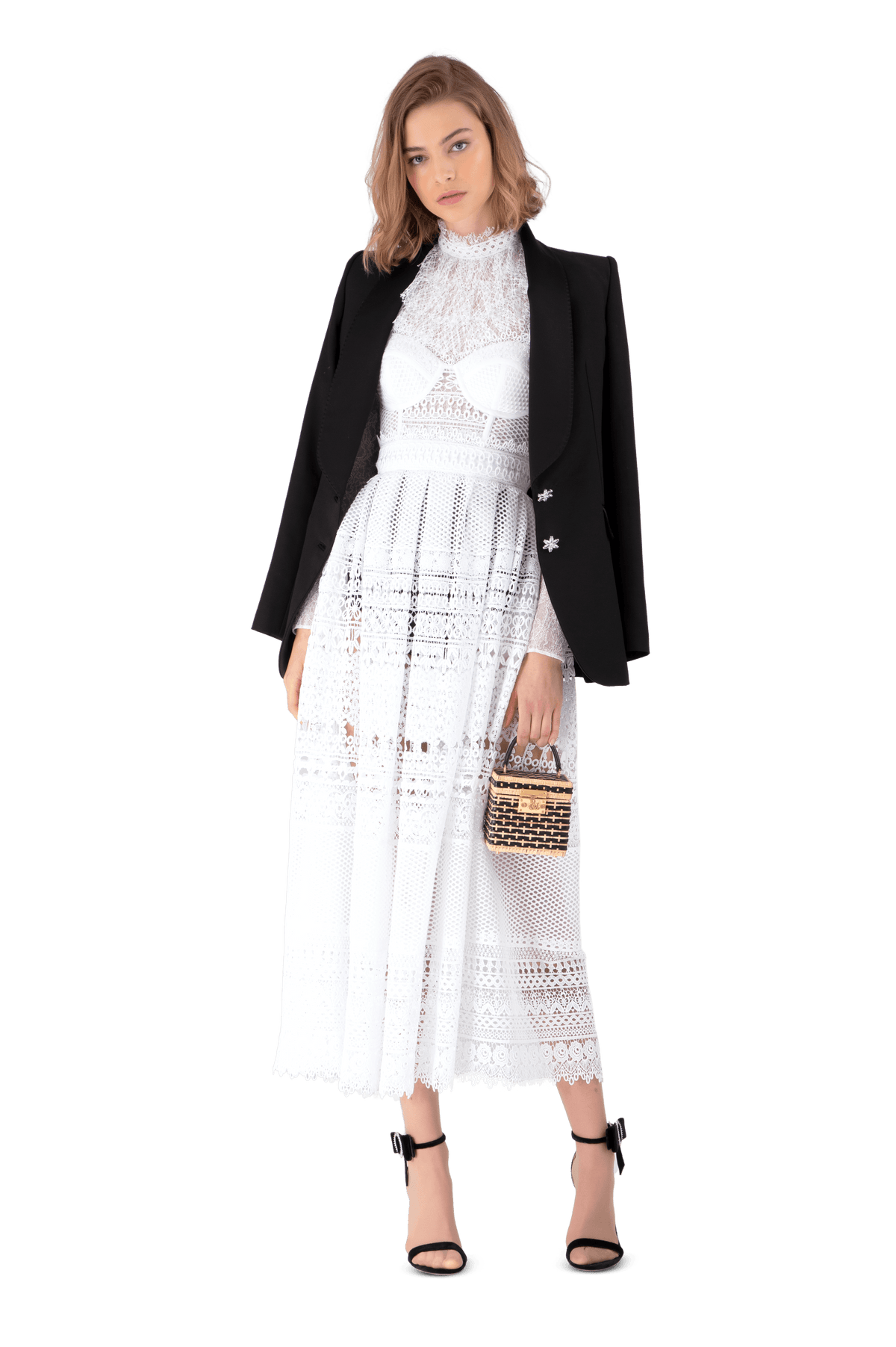 White Guipure Lace Bustier Midi Dress