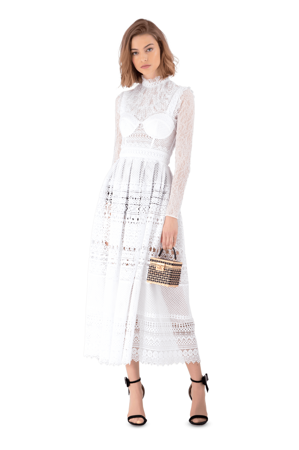 White Guipure Lace Bustier Midi Dress