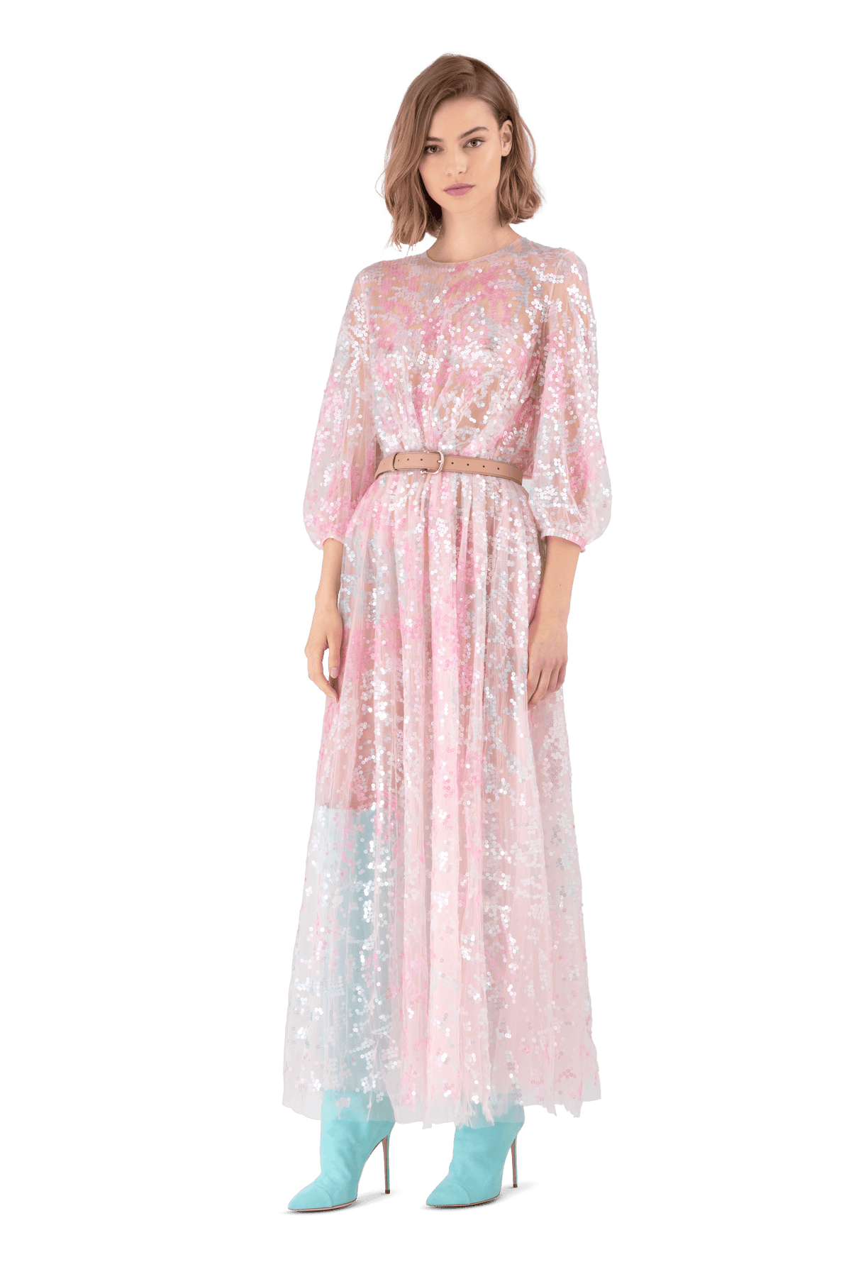 Pink Tie-Dye Tulle Sequin Maxi Dress