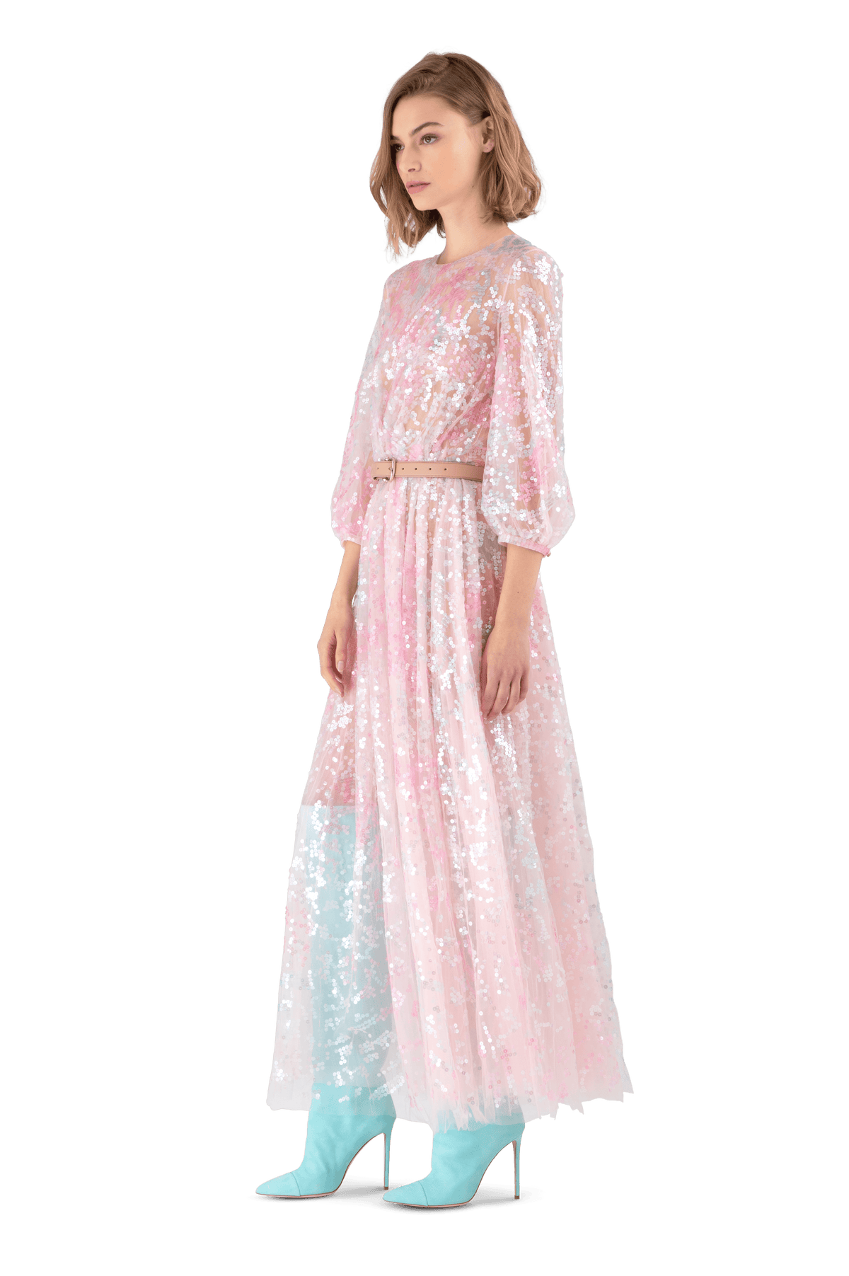 Pink Tie-Dye Tulle Sequin Maxi Dress