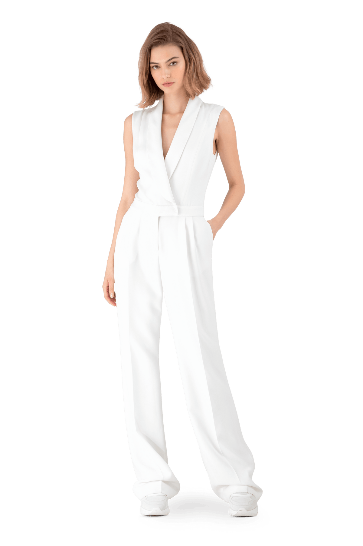 White Satin Crepe Tuxedo Jumpsuit