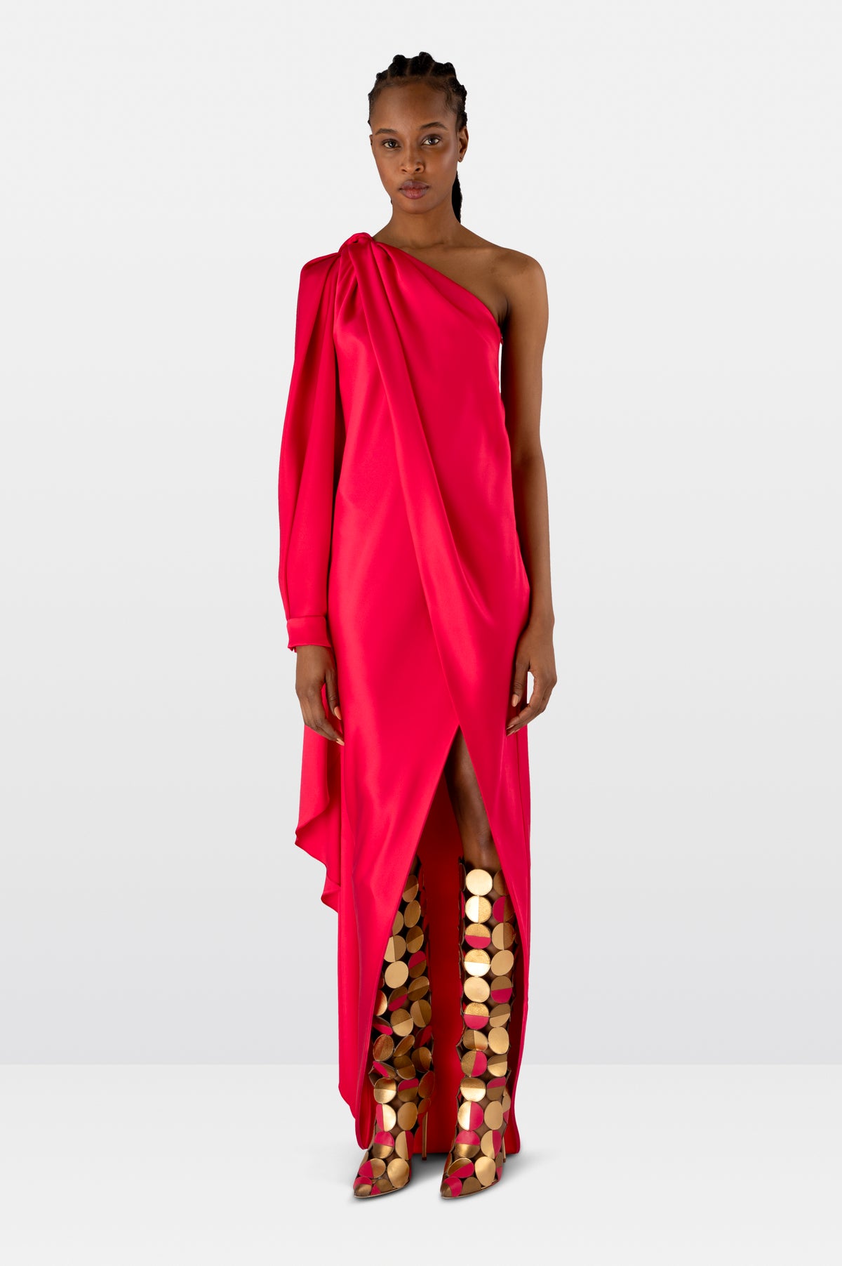 Geranium Silk Draped One Shoulder Dress