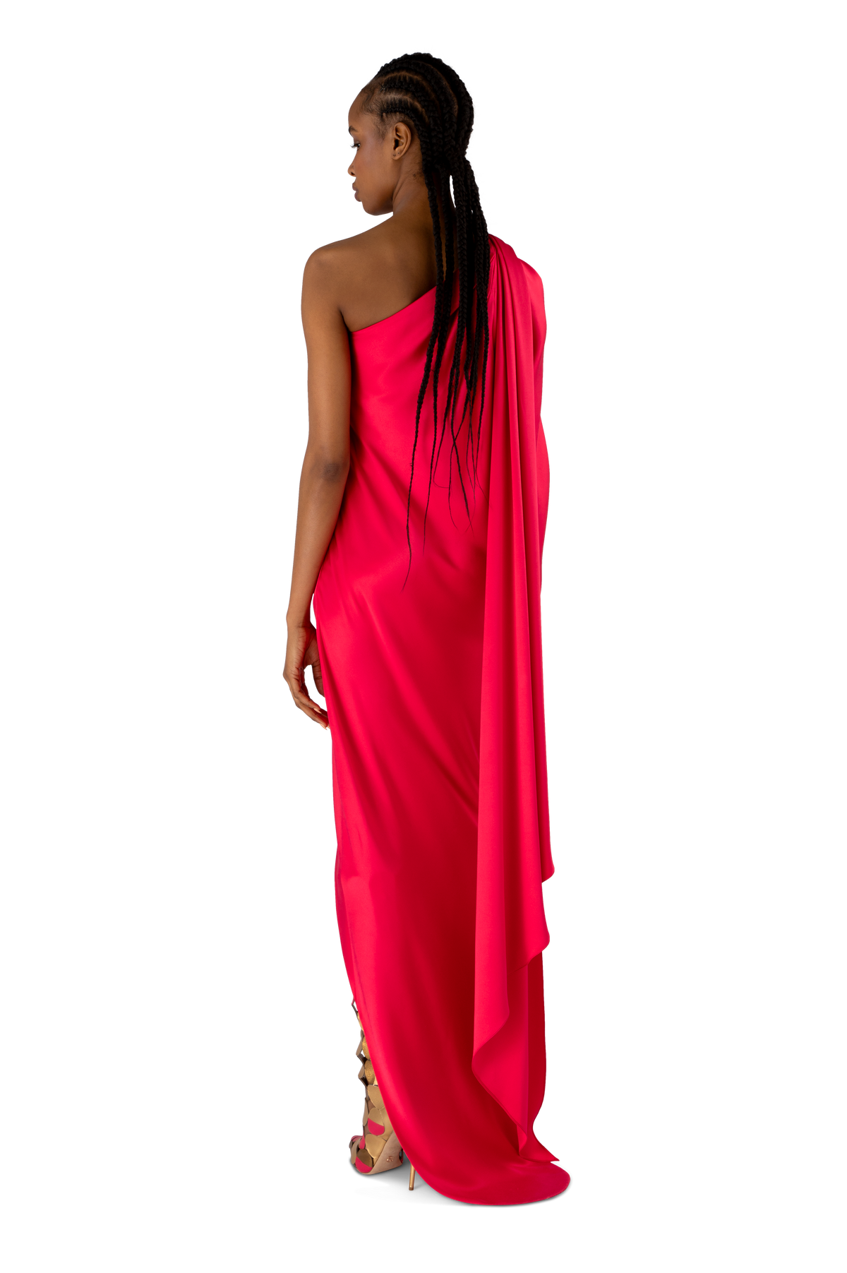 Geranium Silk Draped One Shoulder Dress